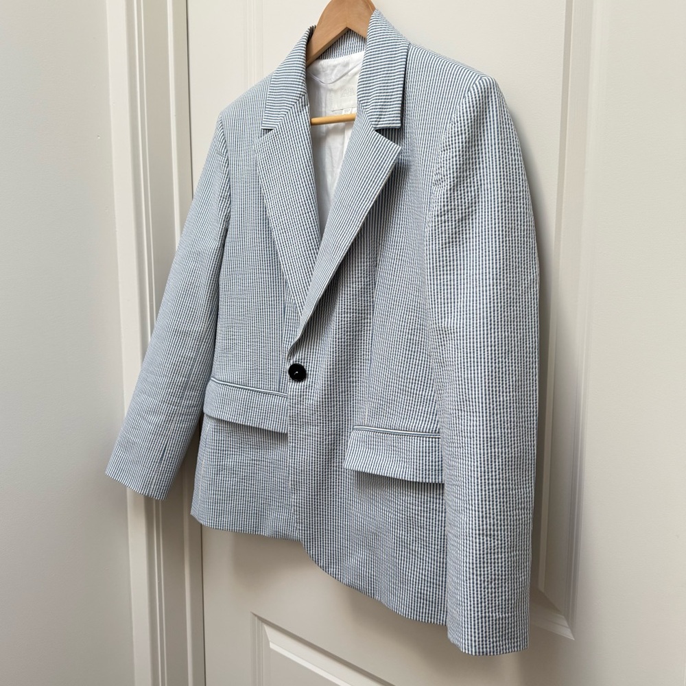 Zara Seersucker Blazer Blue and White Size M - Picture 2 of 9